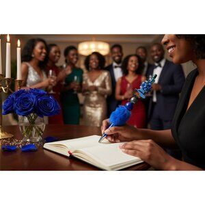 Luxury Blue Beaded Pen With Design Faux Fur Accent & Crystal Embellishments